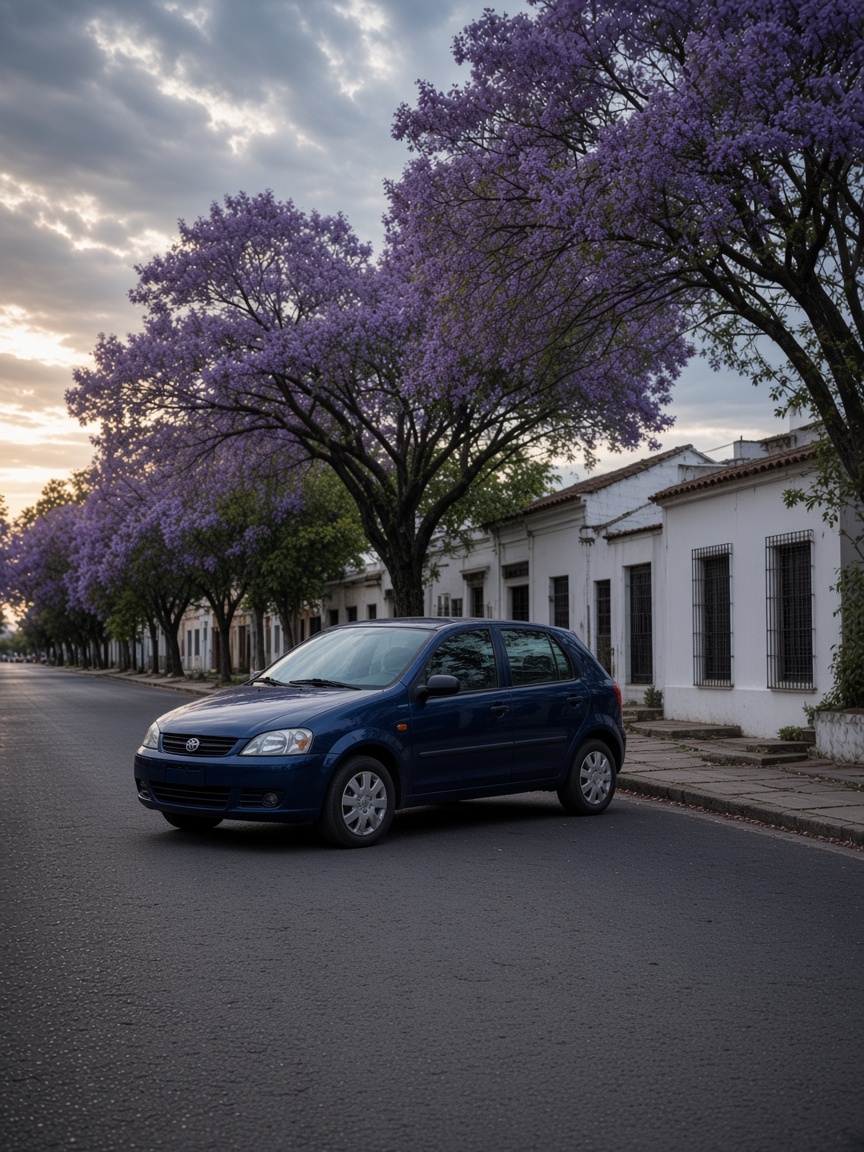 Ilustración editorial generada: calle de Corrientes con jacarandás y un auto estacionado. No es el Centro Emisor ni una captura de Trámites Digitales.